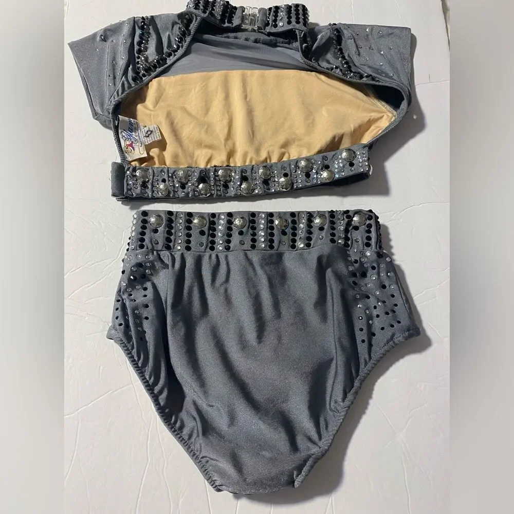 Glamour solo dance costume 2 piece gray embellished rhinestone SA adult